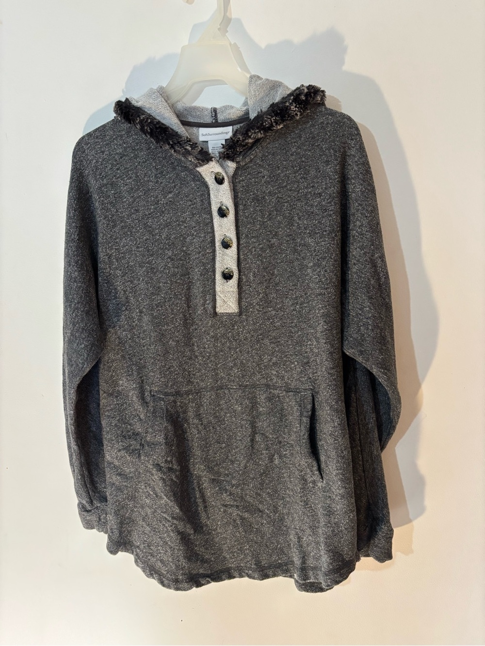 Soft Surroundings Cabin Cuddle Up Faux Fur Hoodie Gray M